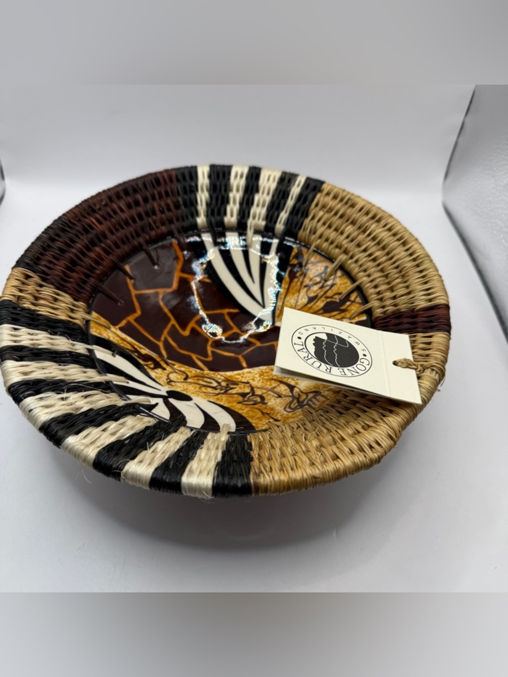 Swazi Ceramics artist signed Handmade Ceramic Bowl w/Wicker Swaziland